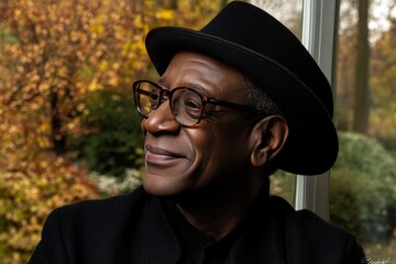 A thoughtful elderly  man in a hat gazes out at autumn foliage on a sunny day