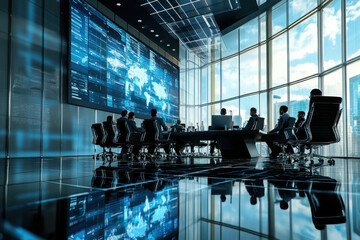 Business team in a high-tech conference room analyzing global data on a large digital screen with city views