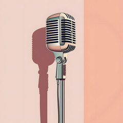 Fototapeta premium The vintage microphone in the illustration casts a shadow on a pastel background, merging modern and classic elements to create a stunning composition, blending elegance with nostalgia