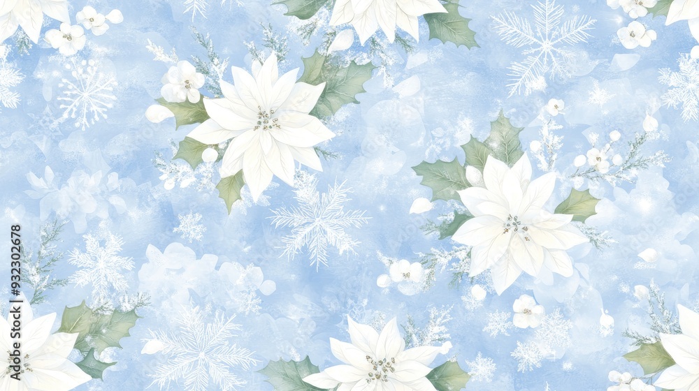 Poster white snowflakes on a plain white or blue background, highlighting their unique symmetrical patterns