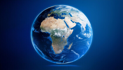 Fototapeta premium 青い背景に浮かぶ地球が描かれています。地球はアフリカ大陸とヨーロッパ、そして中東を中心に表示されており、陸地の詳細な地形と海洋の鮮やかな青色が際立っています。シンプルでありながら地球の壮大さを強調する構図です。generative AI