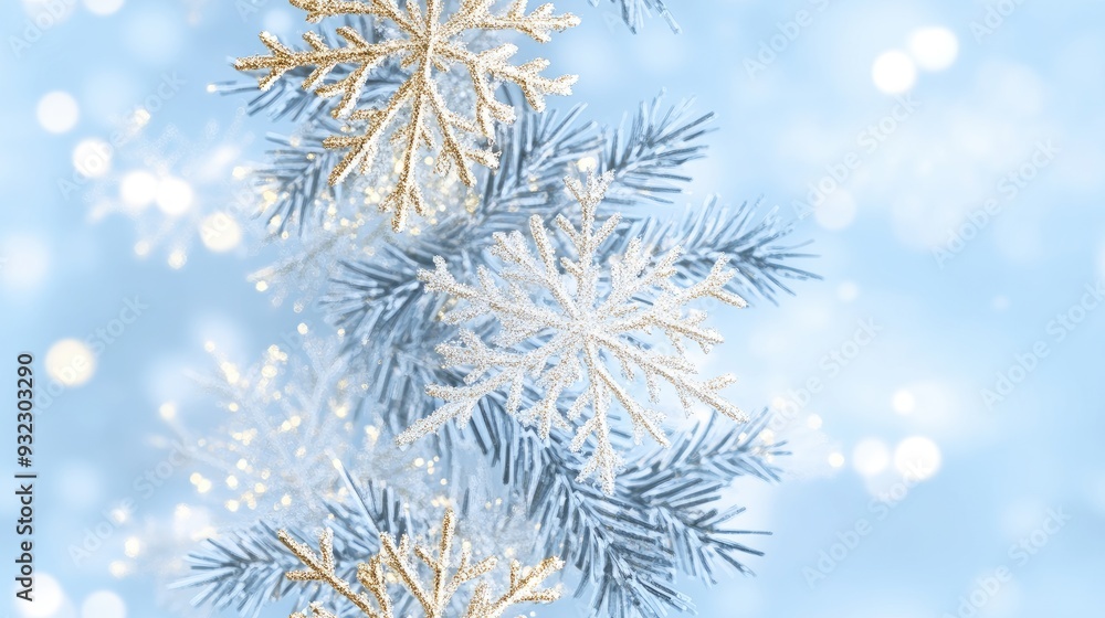 Poster white snowflakes on a plain white or blue background, highlighting their unique symmetrical patterns