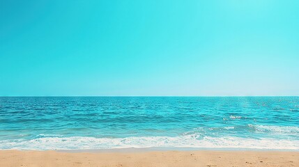 Fototapeta premium A panoramic view of the glistening sea, with a surfboard prominently displayed in the foreground against the backdrop of a cerulean sky