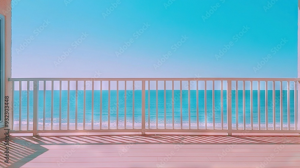 Poster a view of the ocean from a balcony of a beachfront building with a door leading to another balcony, 