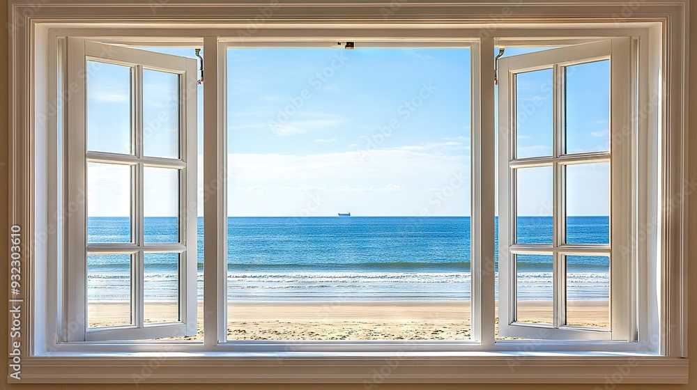 Poster an open window showing an ocean view and a distant ship on a bright day