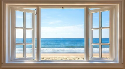   An open window showing an ocean view and a distant ship on a bright day