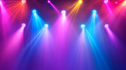 Colorful stage lights shining on purple background.