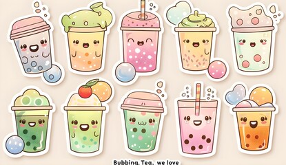 Cute bubble tea theme stickers with soft pastel background. Illustration elements for business, print, logo, artwork.	