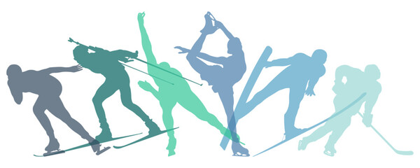 Silhouettes of athletes of different winter sports.Winter Sports Association.Horizontal banner for sports schools.Vector illustration isolated on white background.