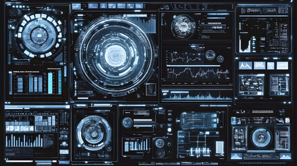 Fototapeta premium Futuristic digital interface with a circular HUD and various data displays.