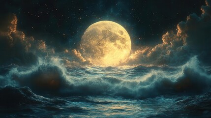 Fototapeta premium surreal oceanic dreamscape animestyle waves undulating beneath a enormous moon stylized water ethereal glow night sky studded with twinkling stars dreamy atmosphere