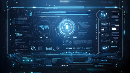 Futuristic user interface with glowing blue elements, graphs, and a world map.