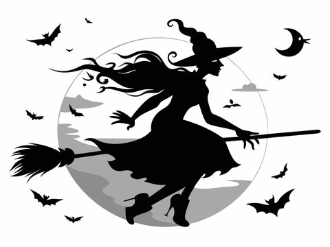 recommend clip art: Witch flying on a broom. Black silhouette. Halloween icon. Vector illustration.