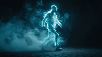   A man stands in a dimly lit room emitting smoke from behind him