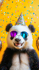 Party animal! Colorful photo of funny, happy panda bear on yellow background. Ballons, confetti, happy mood. Birthday celebration vertical banner, instastory, reel or tiktok 