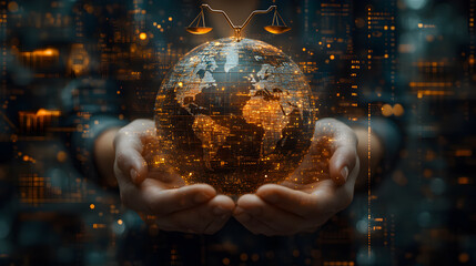 Hands holding a glowing globe with a scale of justice on top.