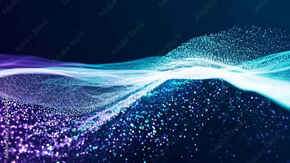 Poster wavy lines with shimmering particles on a dark background movement and energy