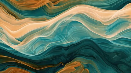 Abstract art with teal, gold, and white wavy lines.