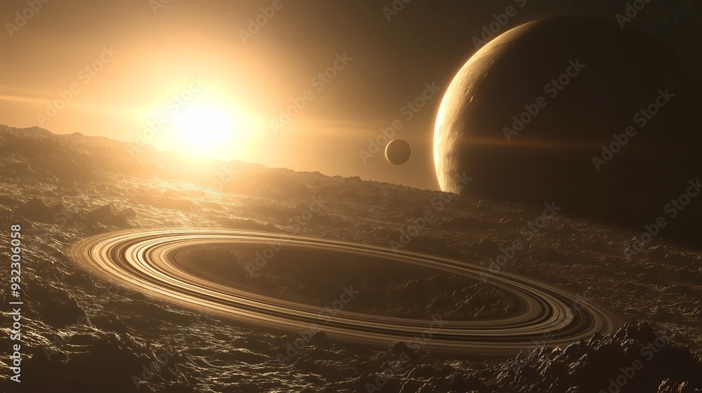 Poster a planet with rings and multiple moons, viewed from afar