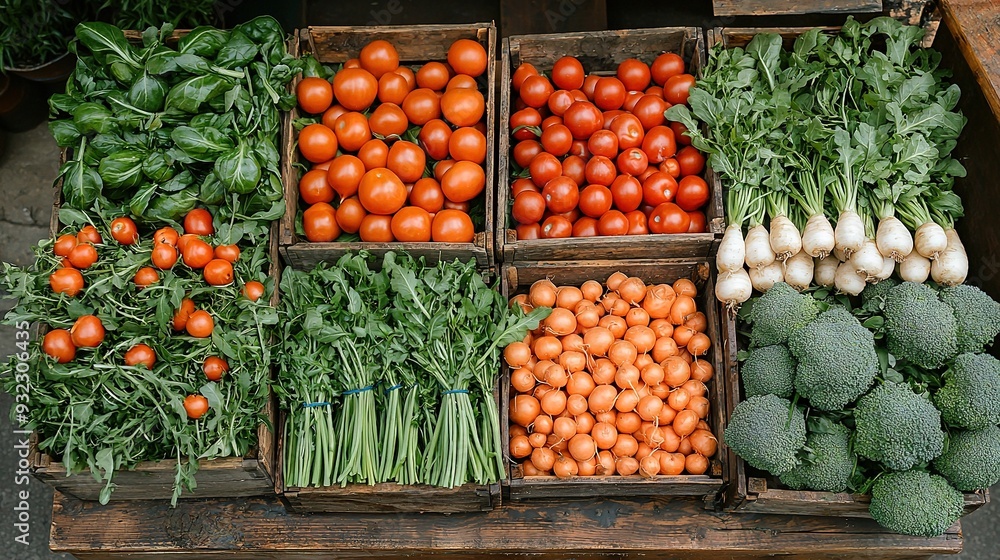 Poster a box of assorted fruits and vegetables arranged neatly on a table