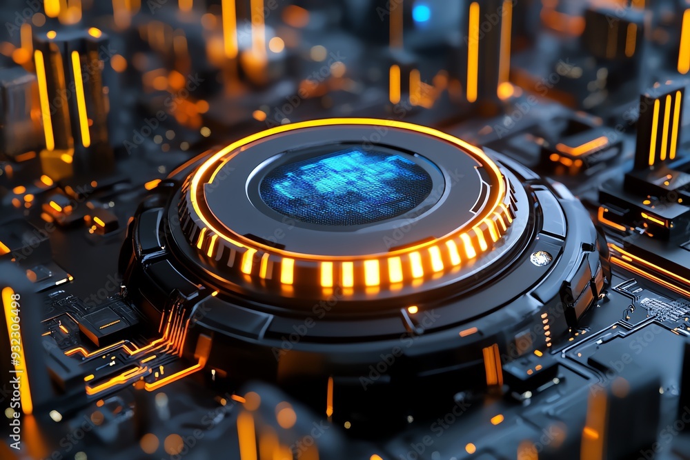 Poster Close-up view of a futuristic circuit board with glowing elements and intricate designs, showcasing advanced technology and innovation.