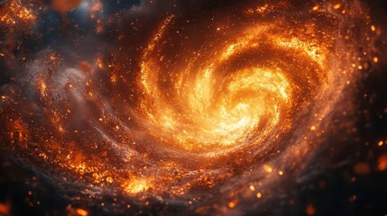 Obraz premium swirling vortex of autumn leaves transforming into molten gold particles against a backdrop of rich warm galactic nebulae