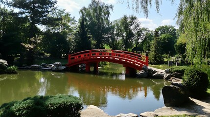 A red bridge arches over a tranquil pond in a Japanese garden, surrounded by lush greenery and rocks.