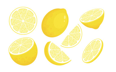 Fototapeta premium Lemon slices. Fresh citrus, half sliced lemons and chopped lemon. Cut lemons fruit slice and zest for lemonade juice or vitamin c logo. Isolated cartoon vector illustration icons set
