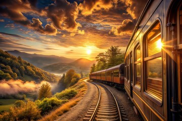 As the sun dips below the horizon, the train chugs along, surrounded by a warm golden glow, bathing the scenery in a sense of tranquility and wonder.
