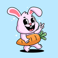 a cartoon character of a cute bunny walking with carrying a carrot in a peaceful hand pose