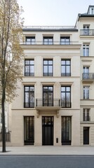 Naklejka premium The facade showcases light beige stone, black-framed windows, and cladding, framed by autumn foliage and a cobblestone path in the soft glow of the evening sun