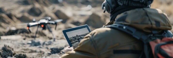 A archaeologist is holding a tablet and pointing it at a drone. The drone is flying in the air and the tablet is displaying a map of the area for archaeological excavations. 