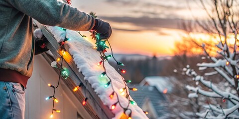 Festive Winter Sunset on the Porch. A person stands on a ladder, hanging colorful Christmas lights along a snowy rooftop.