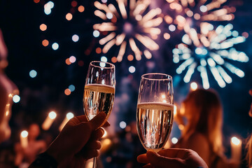 Champagne toast and fireworks in festive celebration.
