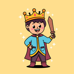 a cartoon character of a handsome boy with a crown wearing a royal prince costume while holding a sword