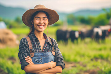 Smiling farmer in a hat stands confidently among livestock in the countryside