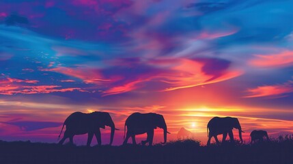 Fototapeta premium Silhouetted elephants walk gracefully as the sun sets, painting the sky with stunning colors over the savannah landscape. Generative AI