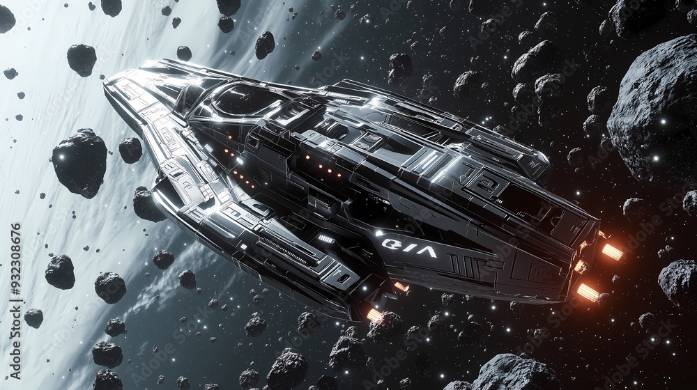 Poster a spaceship navigating through an asteroid belt