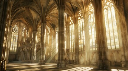 Obraz premium Sunlight pours through stained glass, illuminating the stunning Gothic architecture inside the church