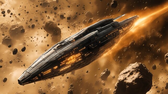 A spaceship navigating through an asteroid belt