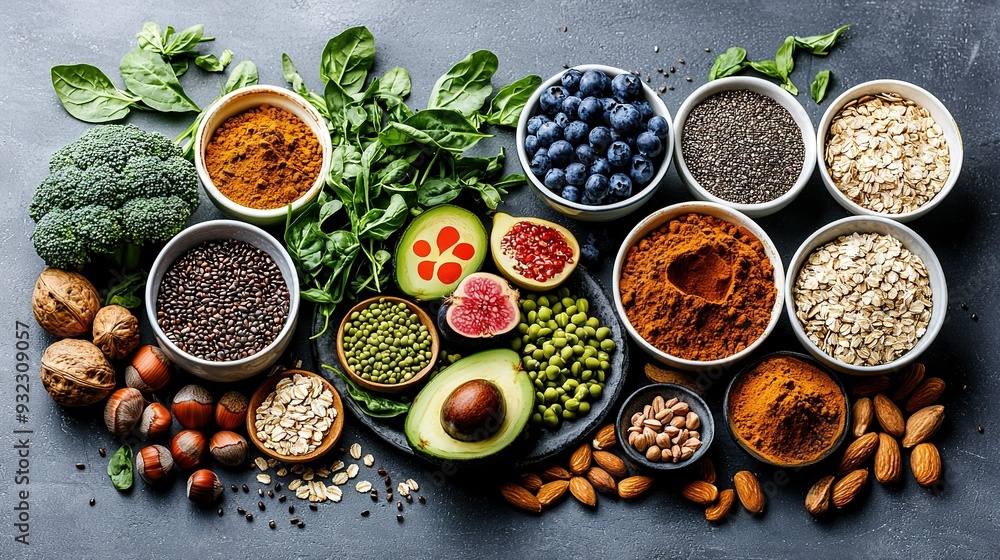 Poster a colorful array of fruits, veggies, and nuts arranged in a heart shape on a gray background with se