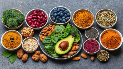   A table topped with bowls of various fruits and vegetables, including blueberries, almonds, avocado, and broccoli