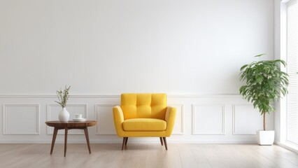 Interior of a bright living room with armchair on empty white wall background