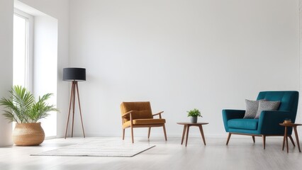 Interior of a bright living room with armchair on empty white wall background
