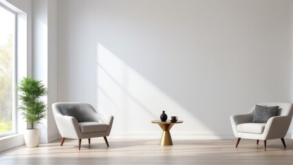 Interior of a bright living room with armchair on empty white wall background