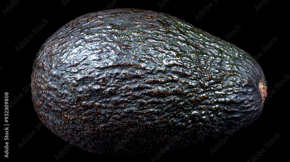Poster close-up of an avocado against a dark background, lit from above with a single source of light highl