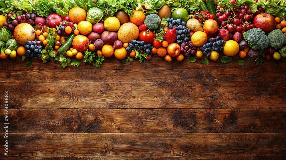 Poster a wooden table adorned with an array of various fruits and veggies atop a wooden planked surface