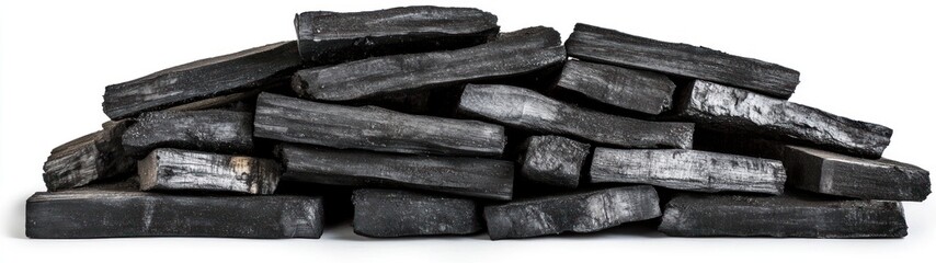 A Pile of Black Charcoal Briquettes on a White Background