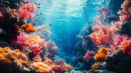 Obraz premium Vivid coral reef landscape with shimmering light underwater wallpaper