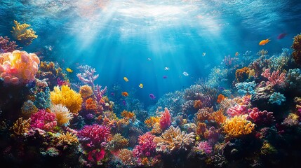 Naklejka premium Stunning underwater scene with coral reef and vibrant light wallpaper
